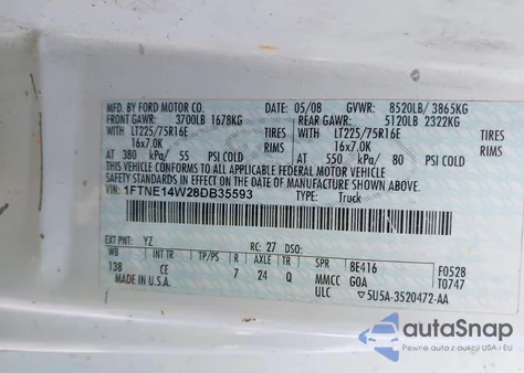 2008 Ford E-150 Commercial/Recreational z USA, uszkodzony, nr VIN 1FTNE14W28DB35593